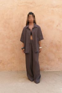 ست پیراهن و شلوار لینن قهوه ای بارون